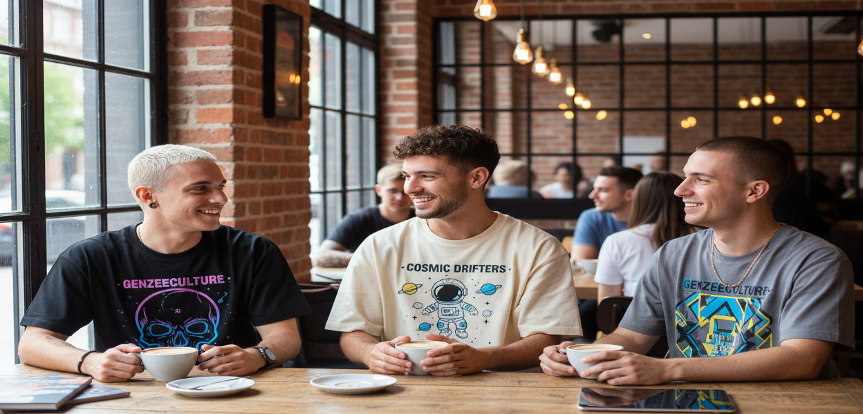 make image where 3 to 4 male models sitting in cafe wearing tshirts from prodcu designs