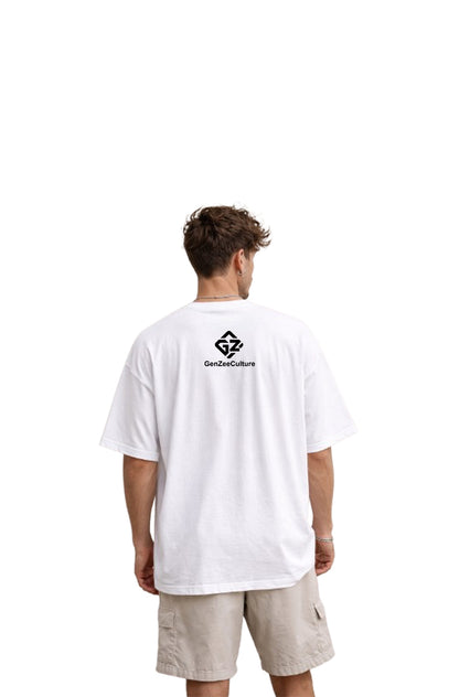 Oversized White T-Shirt with Vertical Calligraphy Print