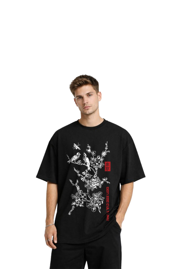 GenZeeculture Tokyo Bloom Birds Tree Oversized T-Shirt