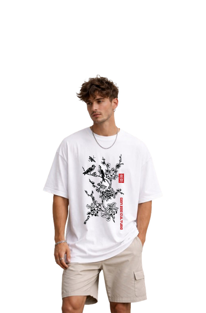 GenZeeculture Tokyo Bloom Birds Tree Oversized T-Shirt